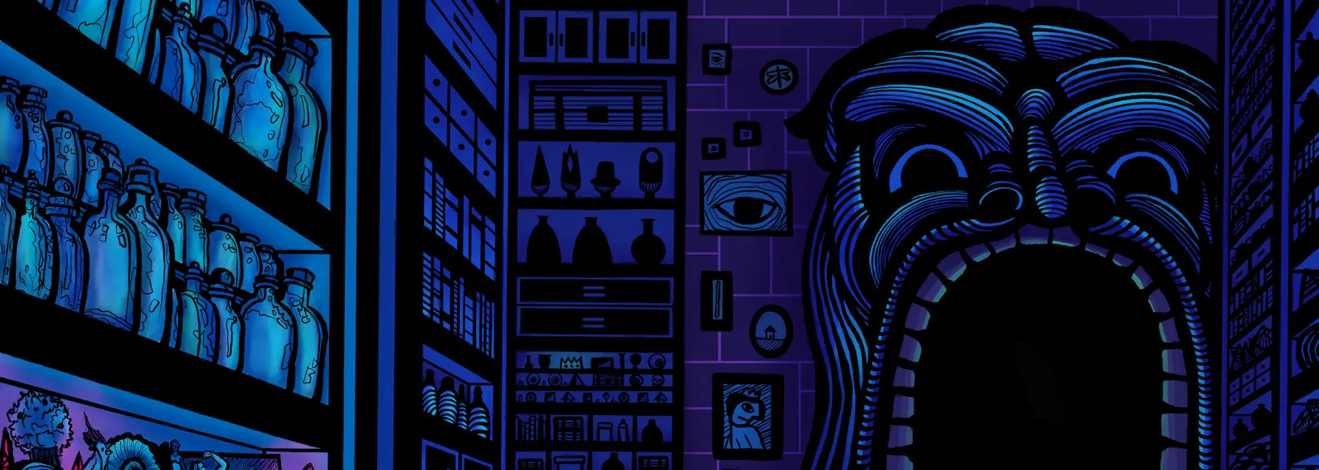 Magic item store background illustration featuring potions, artifacts, rings, and dungeon-inspired fantasy decor
