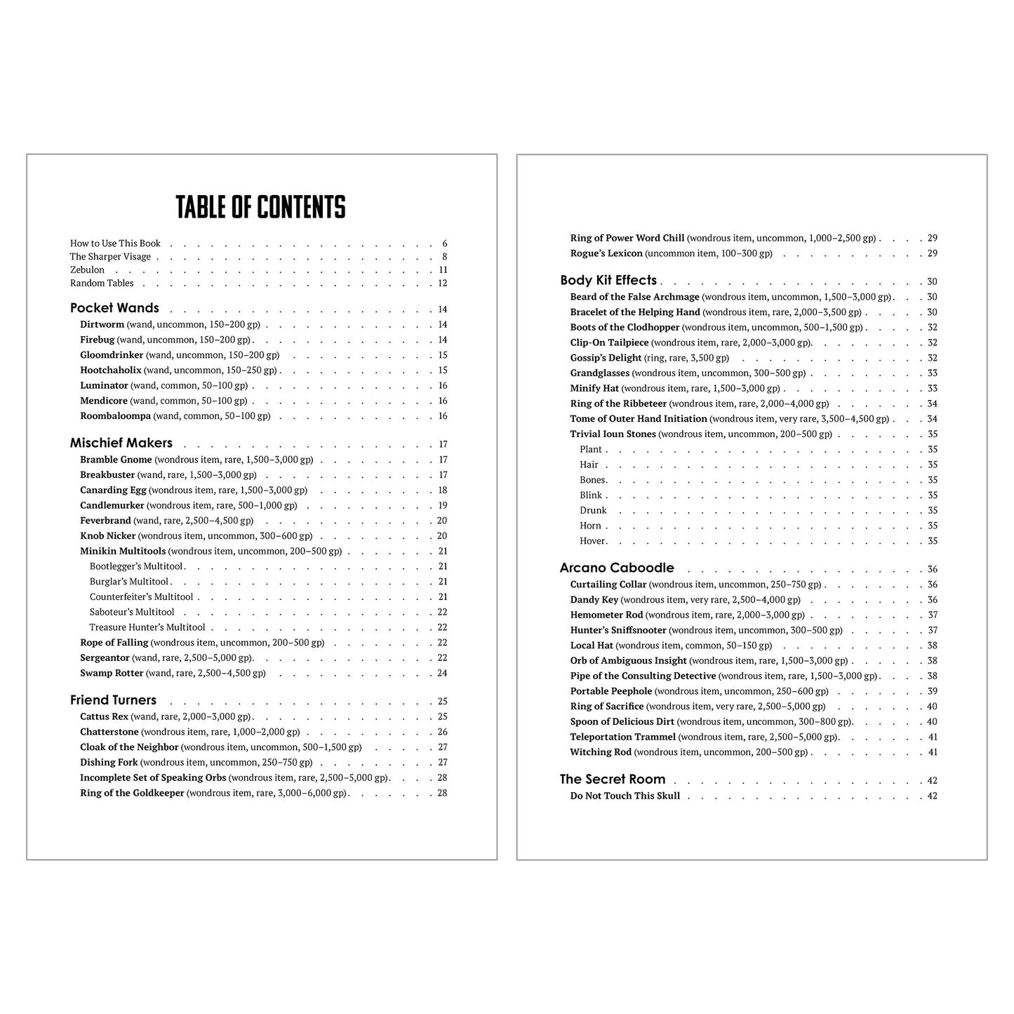 Table of contents for The Sharper Visage Catalog featuring magic items compatible with 5th edition