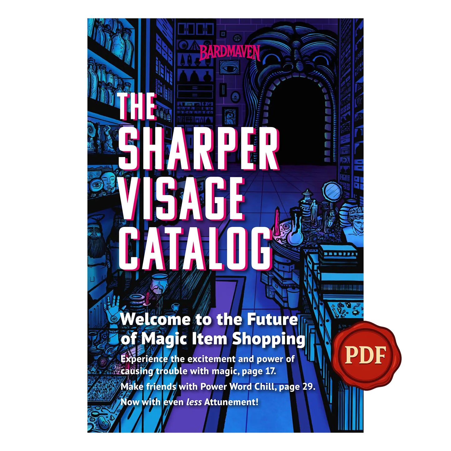 Cover of The Sharper Visage Catalog, featuring magic items compatible with 5th edition