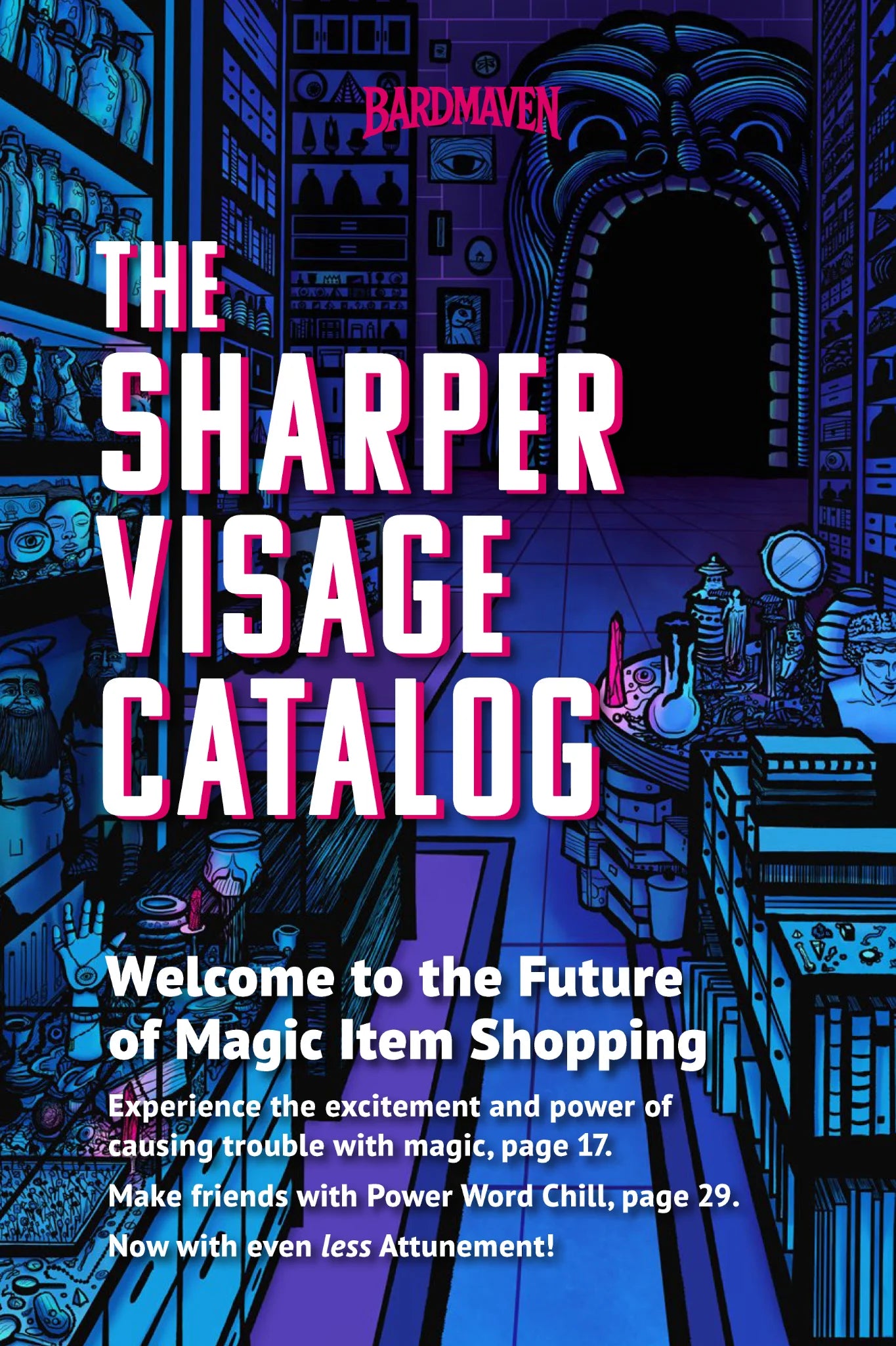 Cover of The Sharper Visage Catalog for 5e, featuring a colorful fantasy magic shop filled with potions, rings, crystals