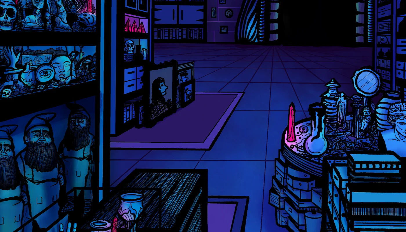 Magic item store background illustration featuring potions, artifacts, rings, and dungeon-inspired fantasy decor