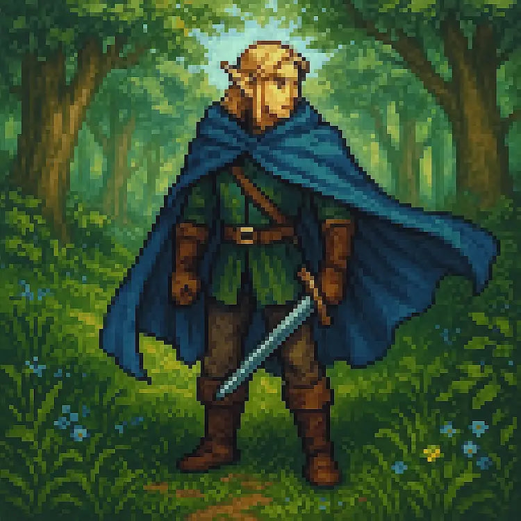 Pixel art of an elf adventurer in a blue cloak standing in a mysterious forest, sword drawn