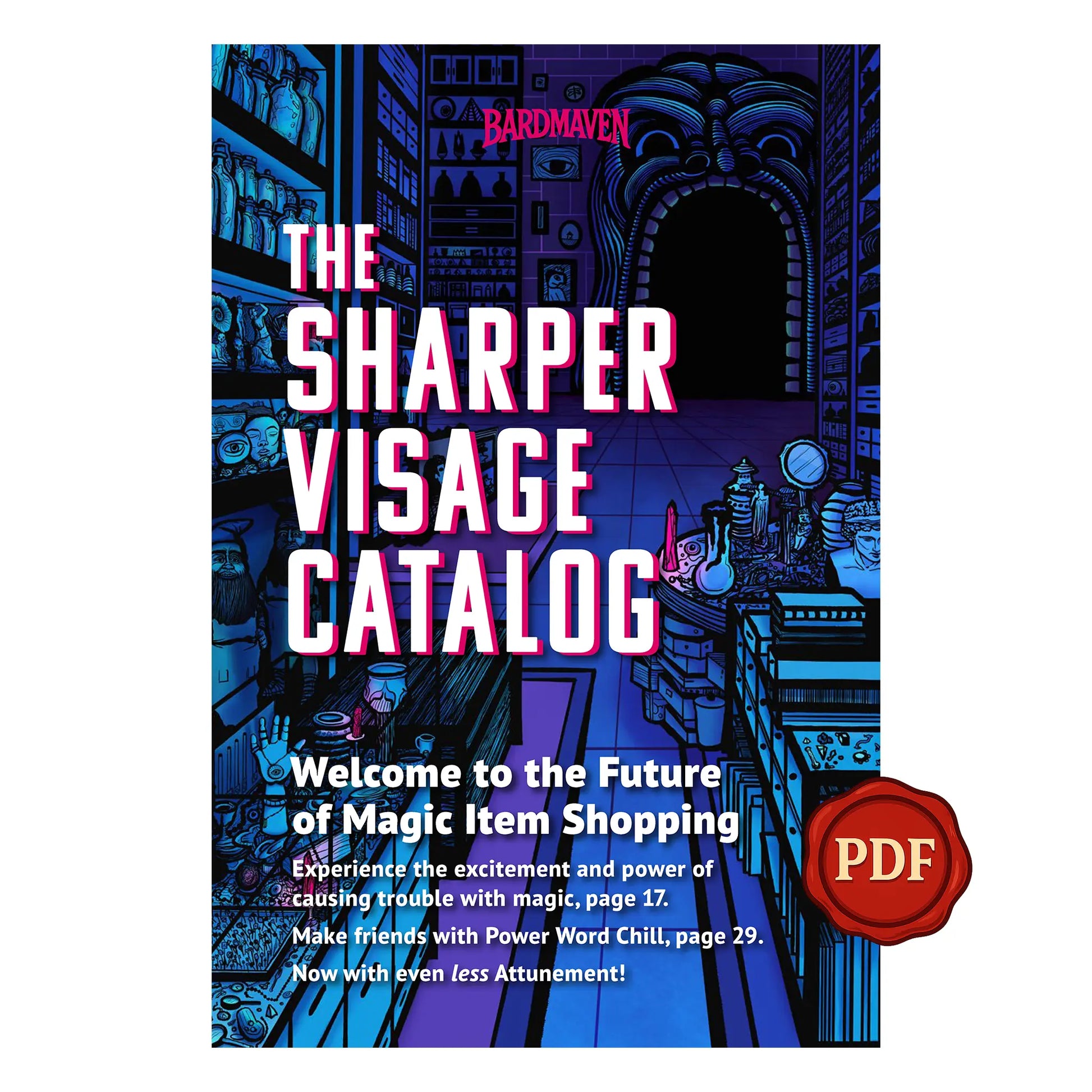 Cover of The Sharper Visage Catalog, featuring magic items compatible with 5th edition