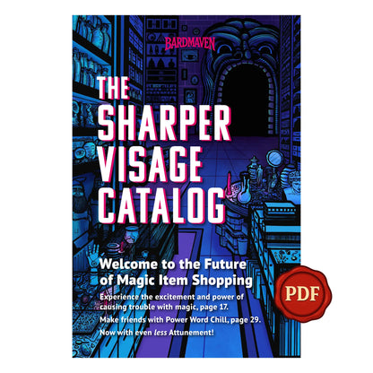 Cover of The Sharper Visage Catalog, featuring magic items compatible with 5th edition