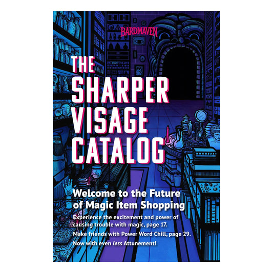 Cover of the paperback version of The Sharper Visage Catalog, featuring magic items compatible with 5th edition