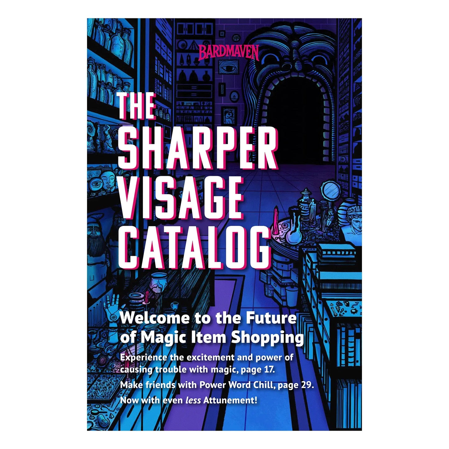 Cover of The Sharper Visage Catalog, featuring magic items compatible with 5th edition