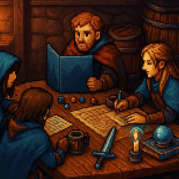 Pixel art scene of fantasy adventurers gathered around a table playing a tabletop roleplaying game