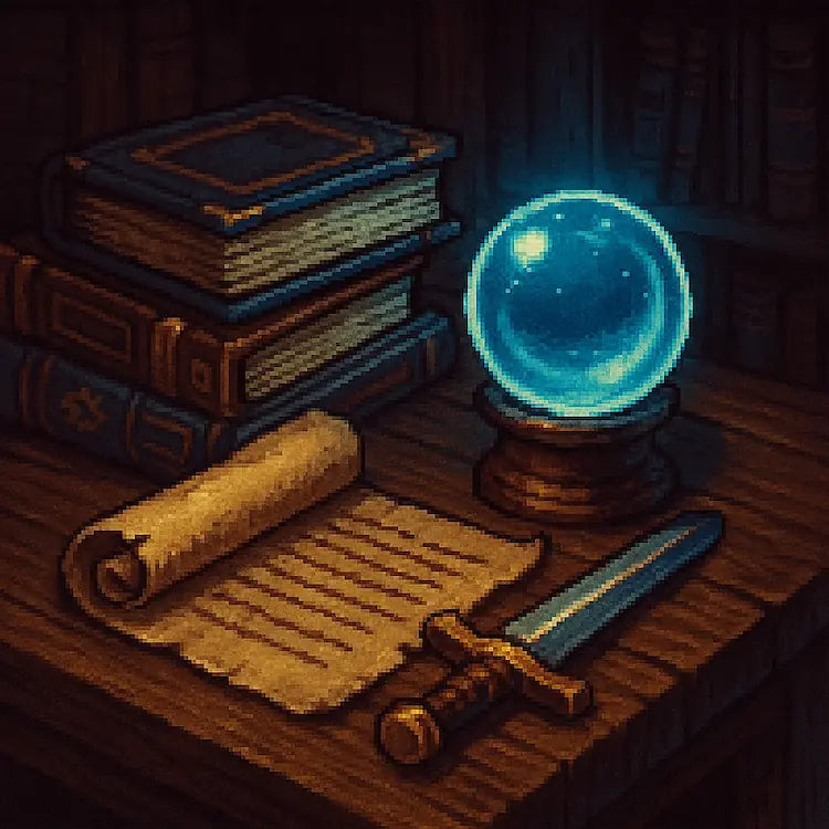Pixel art of a crystal ball on a wood desk next to magic tomes, a scroll, and a dagger in a dimly lit wizard's study